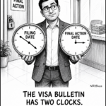 Black-and-white NRIBuzz cartoon of a professional holding two clocks marked Filing Date and Final Action Date outside a locked final-action door.