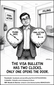 Black-and-white NRIBuzz cartoon of a professional holding two clocks marked Filing Date and Final Action Date outside a locked final-action door.