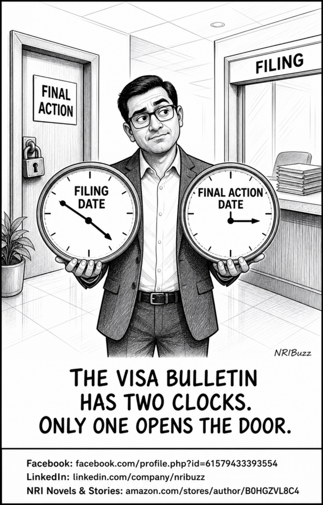 Black-and-white NRIBuzz cartoon of a professional holding two clocks marked Filing Date and Final Action Date outside a locked final-action door.
