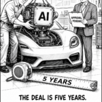 Black-and-white NRIBuzz cartoon of engineers fitting an AI engine into a generic sports car while an official holds an Approval Pending clipboard beside a five-year tape measure.