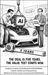 Black-and-white NRIBuzz cartoon of engineers fitting an AI engine into a generic sports car while an official holds an Approval Pending clipboard beside a five-year tape measure.