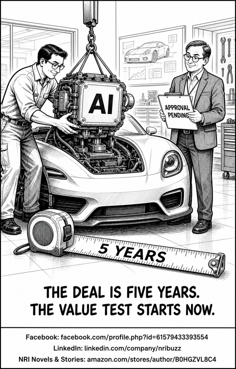 Black-and-white NRIBuzz cartoon of engineers fitting an AI engine into a generic sports car while an official holds an Approval Pending clipboard beside a five-year tape measure.