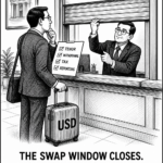 Black-and-white NRIBuzz cartoon of a bank window marked Aug 31 closing while an NRI traveler checks tenor, withdrawal, tax and reporting.