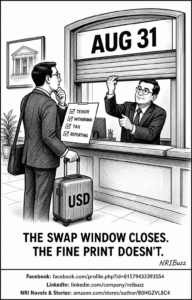 Black-and-white NRIBuzz cartoon of a bank window marked Aug 31 closing while an NRI traveler checks tenor, withdrawal, tax and reporting.
