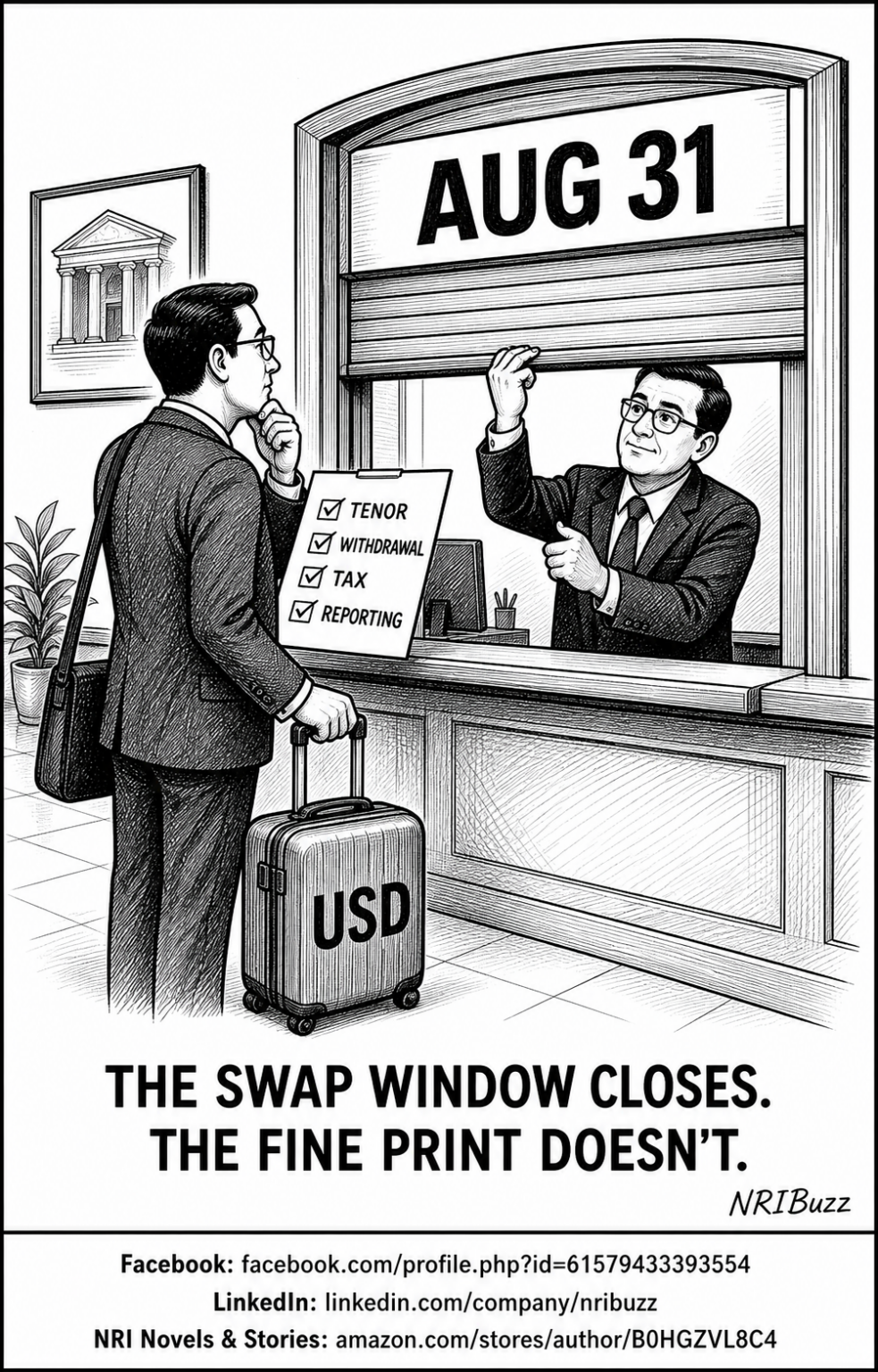Black-and-white NRIBuzz cartoon of a bank window marked Aug 31 closing while an NRI traveler checks tenor, withdrawal, tax and reporting.